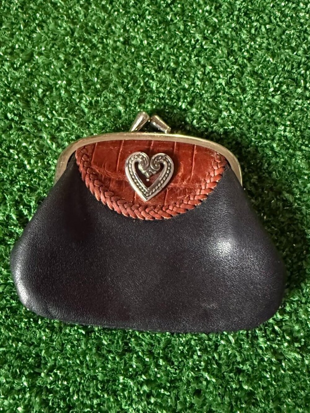 Brighton Black Leather Heart Coin Purse Kiss Lock Croc Embossed Retro Vintage